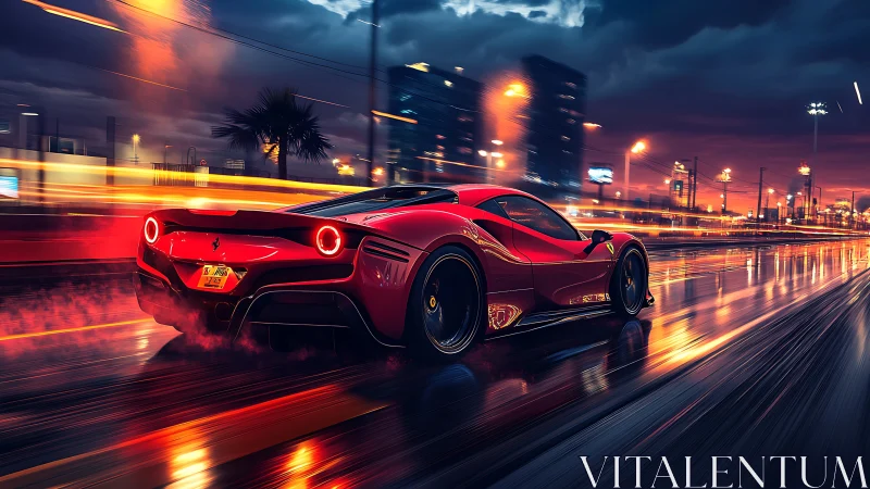 Scarlet supercar slices through a neon city street at night