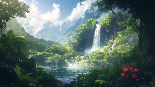 Misty mountain waterfall cradled in a lush secret valley.