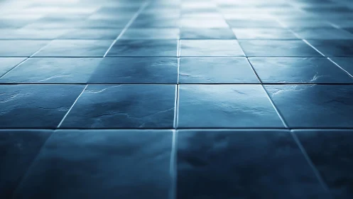 Blue ceramic floor tiles with reflective surface, modern style.