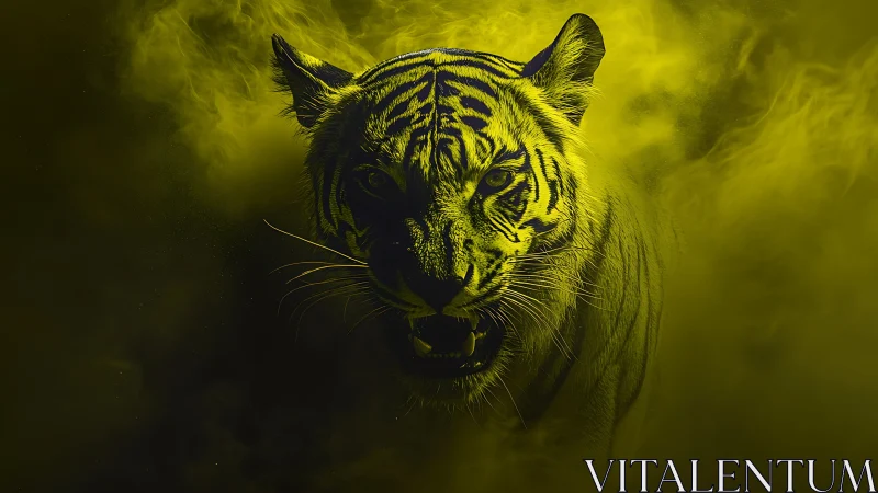 Snarling tiger emerges through toxic neon yellow smoke.
