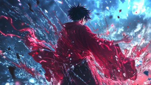 Backlit anime warrior in red cloak amid explosive liquid bloom