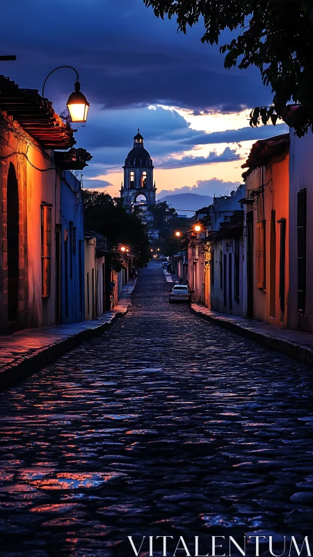 Cobblestones drink twilight while the distant tower hums