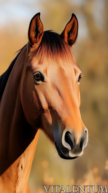 Photorealistic portrait of chestnut horse head in sunlight.