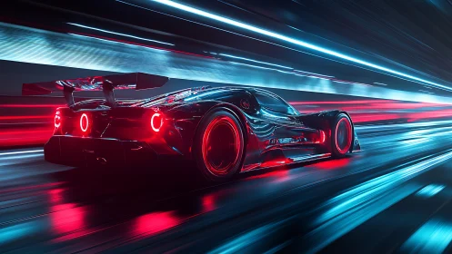 Futuristic race car travels through neon-lit tunnel corridor