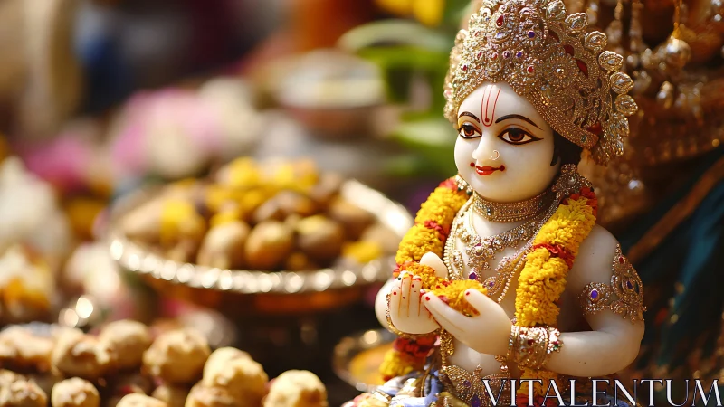 Photorealistic devotional idol with ornate garlands and offerings.
