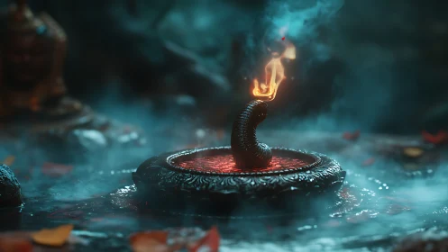 Mystical serpent-shaped flame rises from ornate altar.