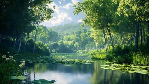 Emerald Woodland Corridor: Symmetrical Arboreal Landscape.