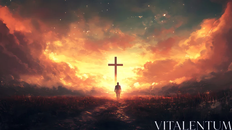 Solitary figure on path toward cross under luminous sky.