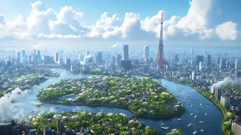 Aerial river island metropolis with dense greenery and broadcast tower