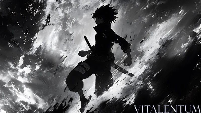 Silhouetted anime warrior strides through swirling monochrome void