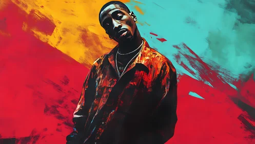 Chromatic portrait of pensive figure in fractured color field.