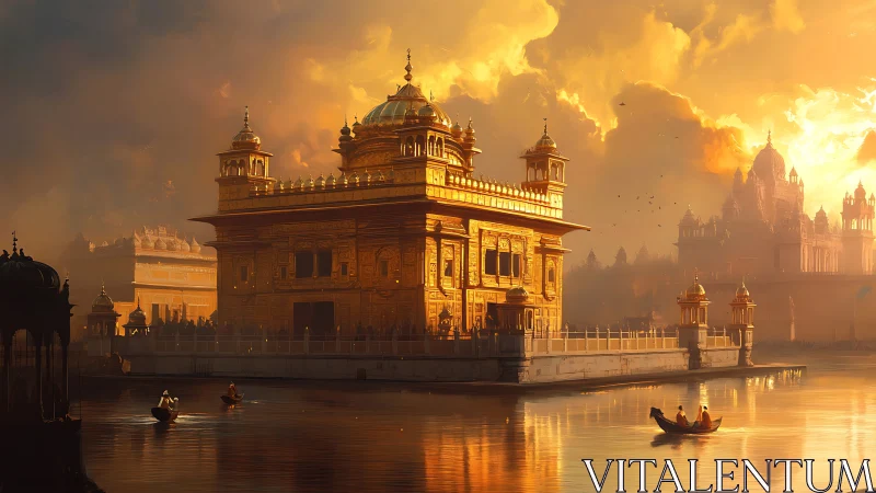 Golden temple structure reflects in calm water at sunset