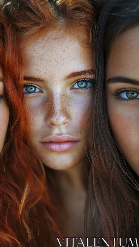Freckled red-haired portrait captures intense blue-eyed gaze