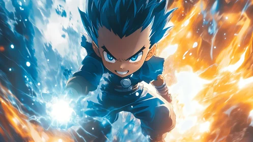 Fiery young hero surges forward wrapped in blazing energy