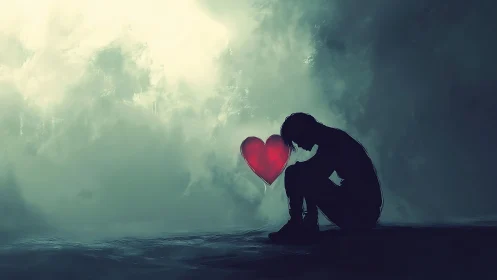 Solitary silhouetted figure with glowing red heart in mist