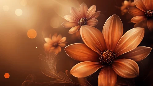 Orange daisies blooming in golden light against dark background.
