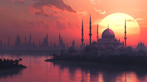 Majestic domed city glows softly against a serene sunset sky