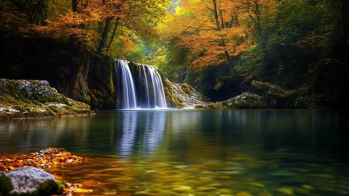 Autumn forest waterfall over turquoise reflective pool at dusk.