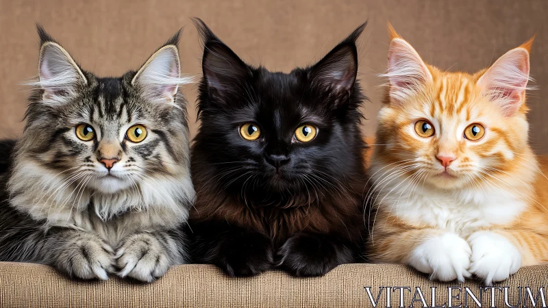 Three cats with varied coloring positioned side by side on neutral ground.