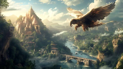 Mythical avian statue over river valley and temple city.