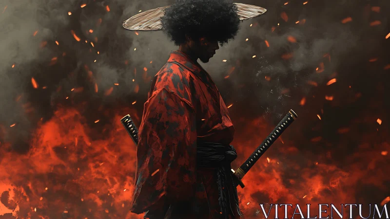 Afro samurai stands in roaring embers, cloaked in crimson fire