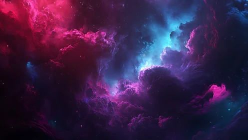 Bipolar magenta cyan nebula cavity with volumetric starfield