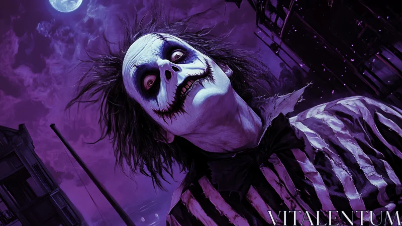 Grim clown figure under moonlit purple urban sky.