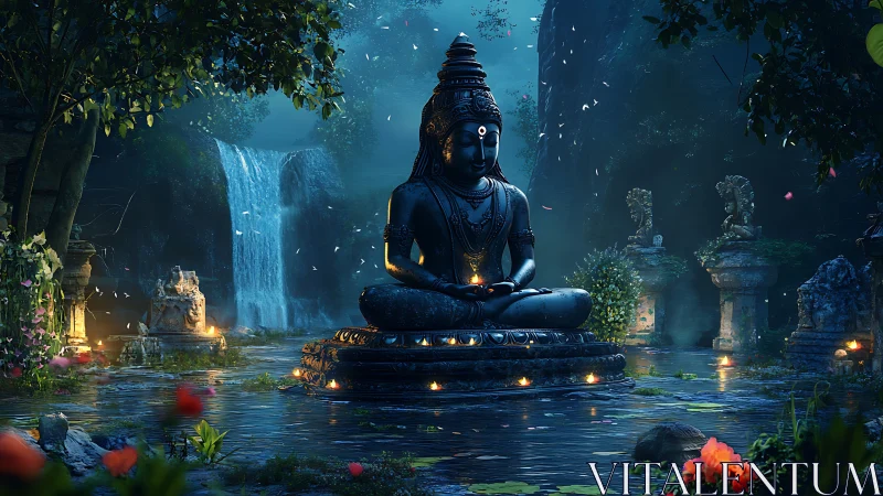 Meditating stone deity sits in flooded jungle shrine at dusk