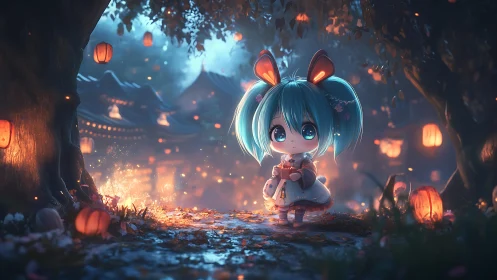 Chibi character stands in lantern lit forest path at dusk