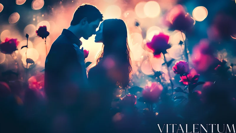 Silhouetted Couple Kissing Amidst Glowing Bokeh and Magenta Flowers