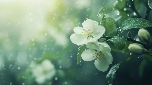 White Jasmine Flowers with Raindrops in Soft Focus Garden.