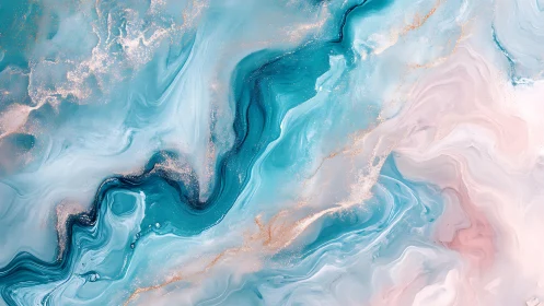 Turquoise marble river flows through soft pastel nebula field