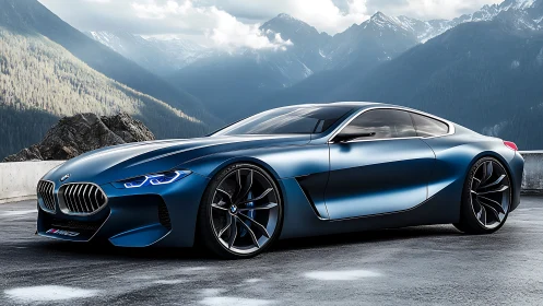 Futuristic blue BMW coupé stands poised before alpine peaks.