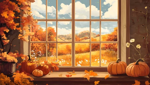 Autumn window tableau with pumpkins and golden countryside.