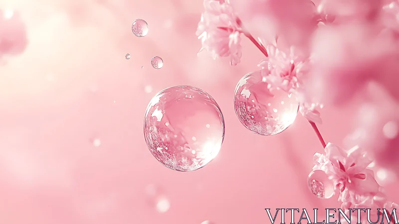 Iridescent soap bubbles suspended amid blooming pink flowers and soft bokeh.