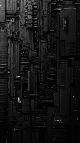 Dense vertical structure of dark industrial circuitry wall.