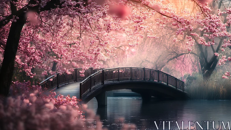 Wooden footbridge over river framed by pink blossom trees.