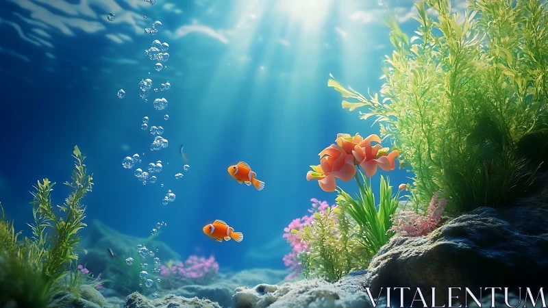 Sunlit coral reef with clownfish drifting in clear water.