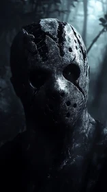 Weathered metal mask on hooded figure in low key forest lighting