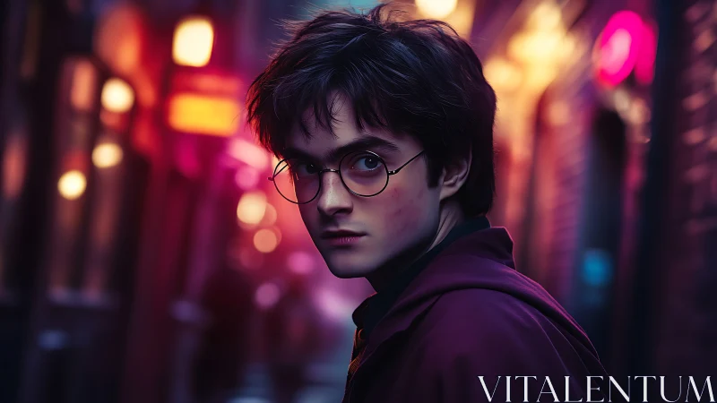 Moody young wizard walks through a glowing night alley