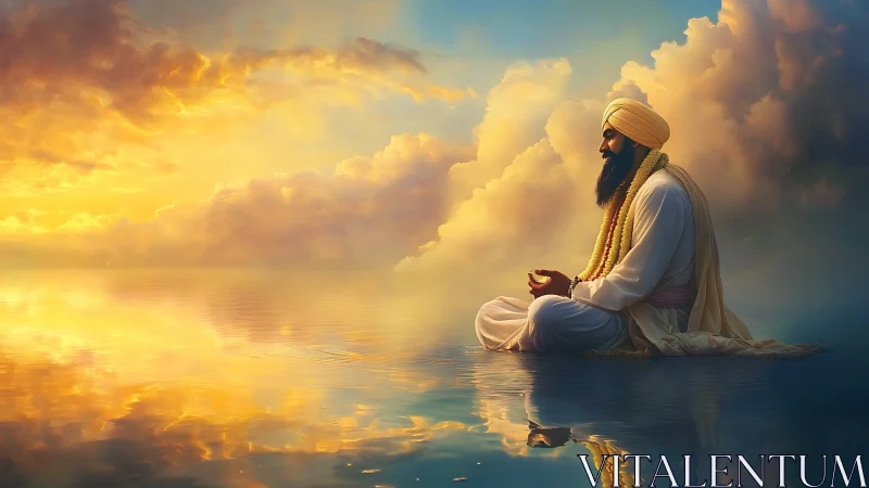 Meditating Sikh sage sits over luminous golden water at dawn