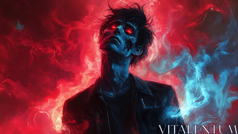 Storm-lit rebel between fire and frost-hued shadows.