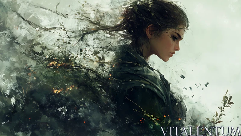 Solitary warrior merges with storm-torn, ember-lit forest winds