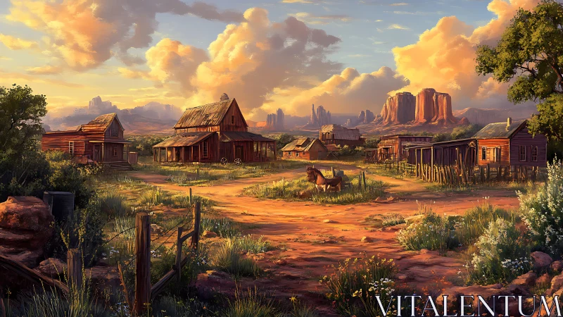 Sunlit frontier homestead amid towering desert mesas.