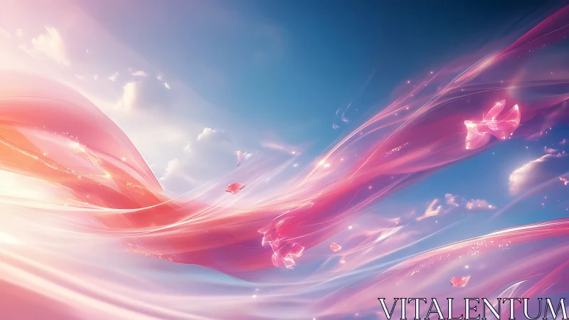 Iridescent pink ribbons adrift across a luminous skyscape.