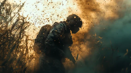 Silhouetted soldier advances through smoke and burning debris
