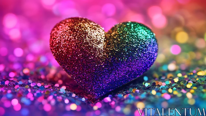 Glittering rainbow heart against neon bokeh lights backdrop.