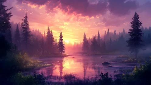 Luminous forest lake at sunrise under glowing violet sky.