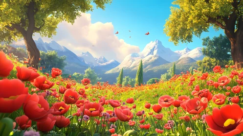 Digital render depicts flower meadow before distant peaks