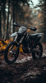 Off-road motorcycle stands on wet forest dirt track